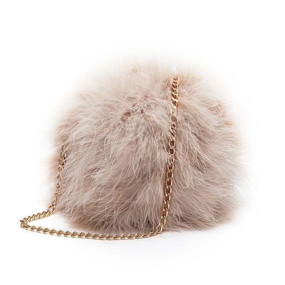 1518 Faux Fluffy Feather Round Clutch Shoulder Bag, Apricot, Medium